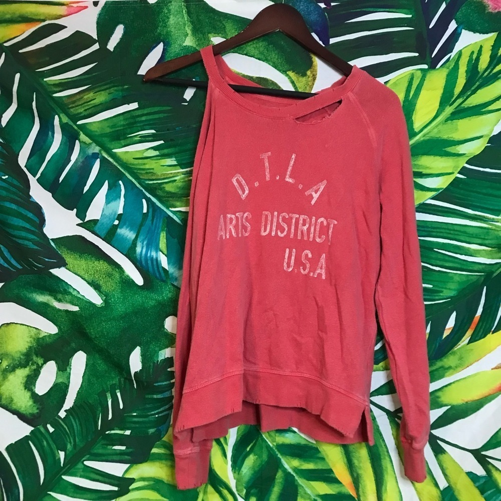 59 Euc Lucky Brand Small Distressed Cold Shoulder Red Arts District Sweatshirt